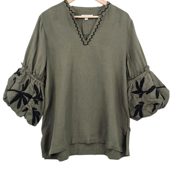 Chico's Womens 12 Olive Linen Blend Lantern Sleeve Embroided Beaded‎ Top - Picture 3 of 12